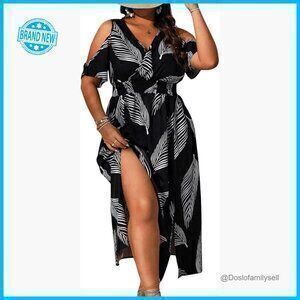 Tropical Print Cold Shoulder A-Line Dress Boho Chic Vacation Summer Wear